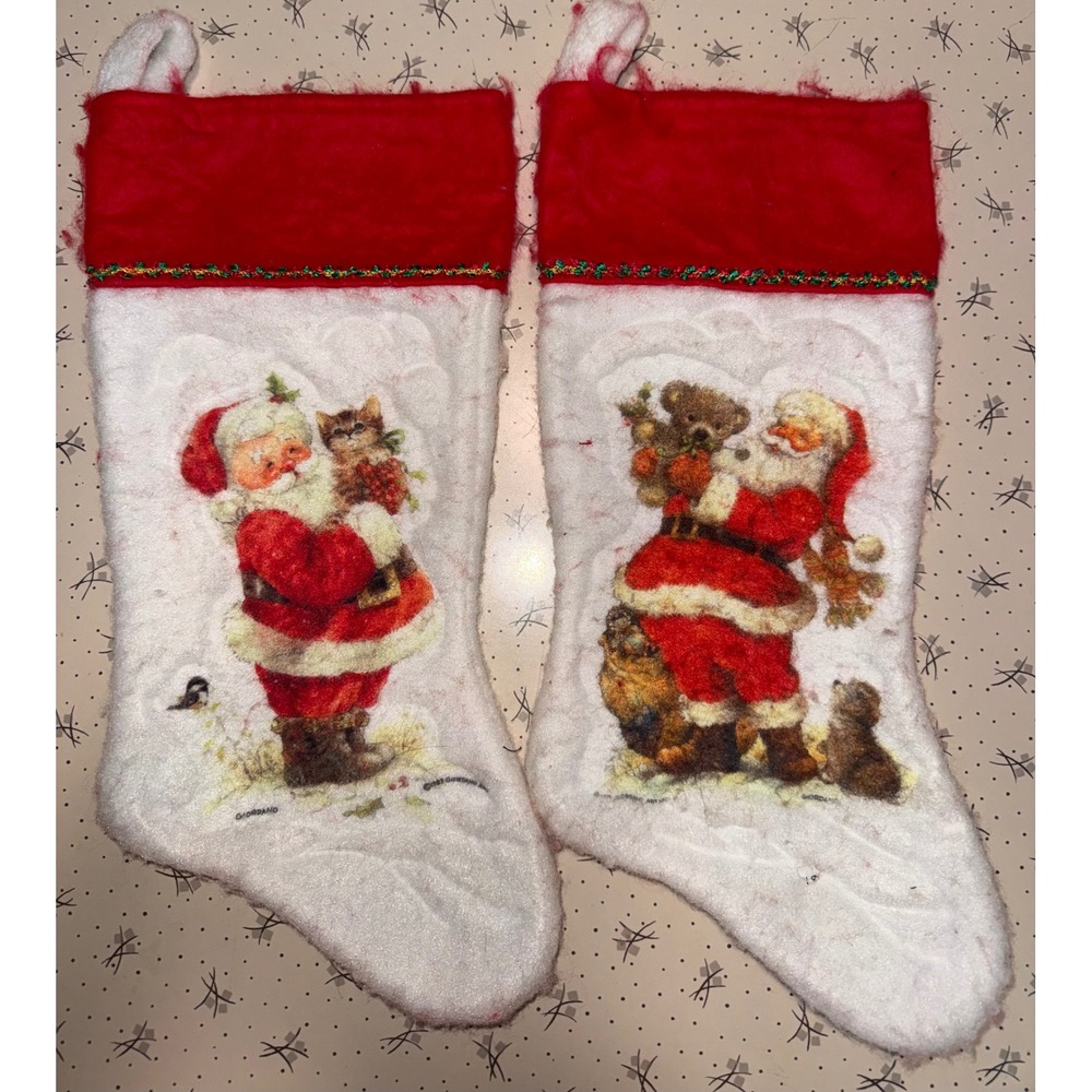 Vintage‎ 1983 Giordano Art Christmas Stockings Santa Kitten Puppy Teddy Bear 2pc